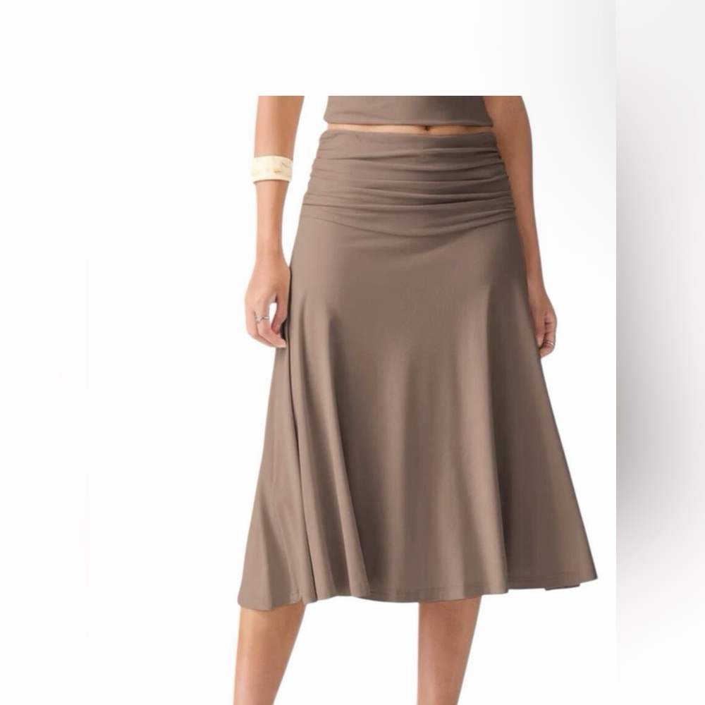 NWT OGL Eco Skin Kiss Flowy Side Ruched A Line Midi Skirt Brown Size Large